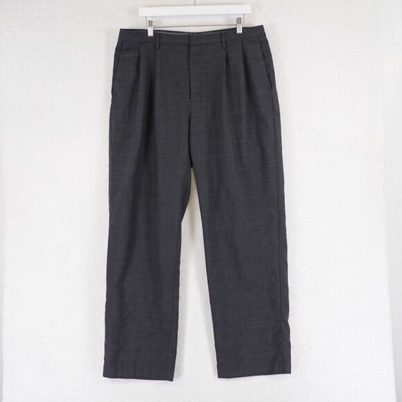 Nautica Rigger Classic Fit Wool Gray Windowpane Dress Pants 36/31 High Rise Plea - Picture 1 of 6